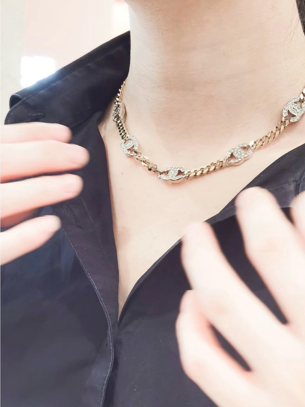 Fashion jewelry CC logo Gold Crystal Link Chain Necklace